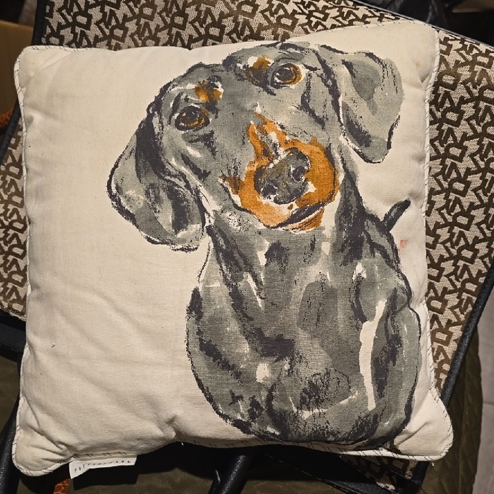 Pottery Barn Cream Pillow with Gray and Brown Dachshund Art